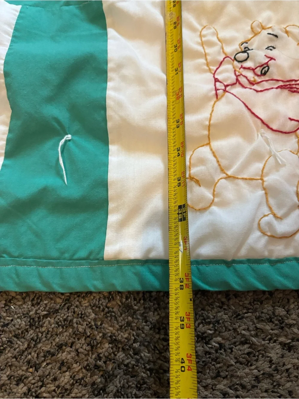 Hand-Embroidered Green and white Baby Quilt - Winnie-the-Pooh Motifs